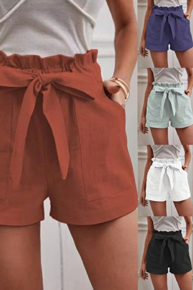Classic Women Shorts Solid Color Pocket Bow Front Elasticated High Waist Shorts
