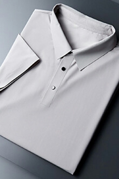Edgy Polo Shirt Solid Color Regular Point Collar Short Sleeves Button Polo Shirt for Men