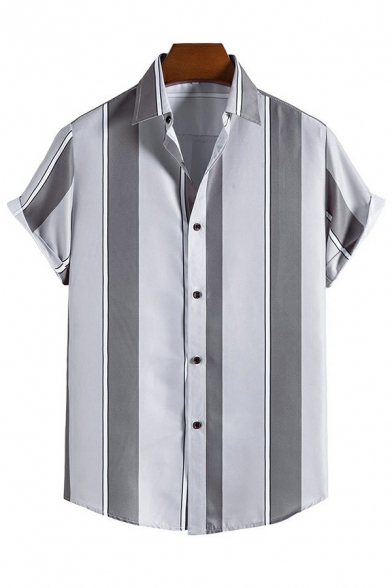 Elegant Men's Shirt Stripe Printed Spread Collar Short Sleeves Fitted Button-up Shirt