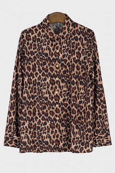 Fashionable Mens Shirt Leopard Print Turn-down Collar Long-Sleeved Button Closure Shirt