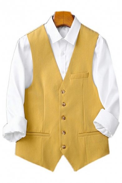Freestyle Guys Suit Vest Whole Colored Button-up Pocket V-Neck Loose Suit Vest