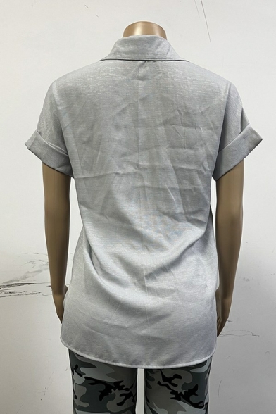 Girls Street Look Shirt Plain Chest Pocket Short Sleeve Turn-down Collar Button Fly Shirt