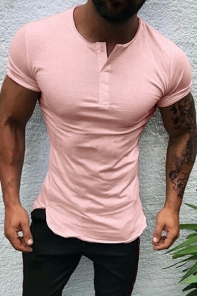 Guys Sporty T-Shirt Pure Color Button Fly Henley Neck Short Sleeves Slim Fit T-Shirt