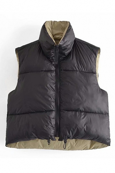 Ladies Formal Vest Solid Color Stand Collar Zip Fly Cropped Padded Vest