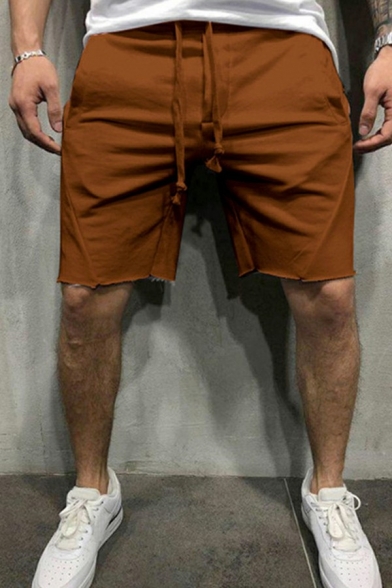 Men Sporty Shorts Solid Color Mid Rise Drawstring Waist Front Pocket Shorts