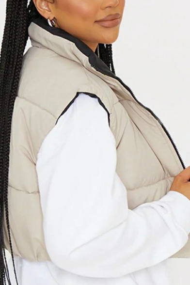Modern Women Vest Contrast Color Pocket Stand Collar Regular Sleeveless Zip Fly Crop Vest