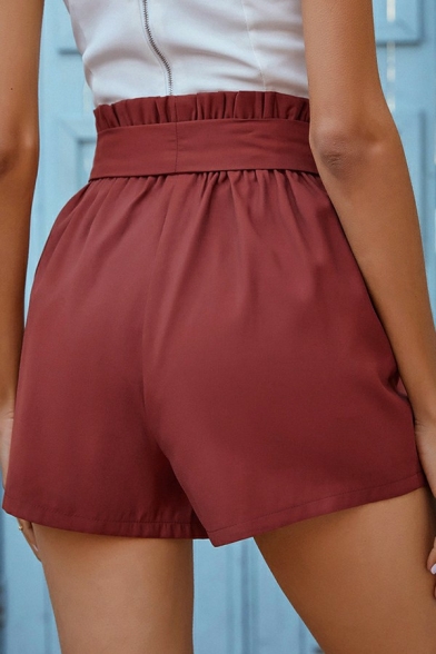 Simple Women Shorts Whole Colored Belt Front Elastic Waist Regular Fit Shorts