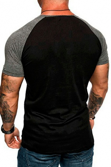 Unique Men's Tee Shirt Color-blocking Short-sleeved Round Collar Skinny T-Shirt