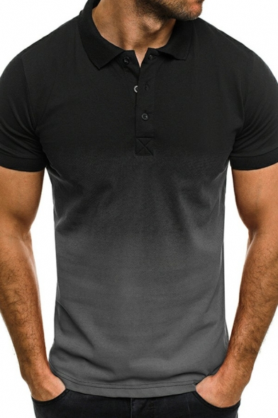 Vintage Polo Shirt Ombre Pattern Spread Collar Button Short Sleeve Polo Shirt for Men