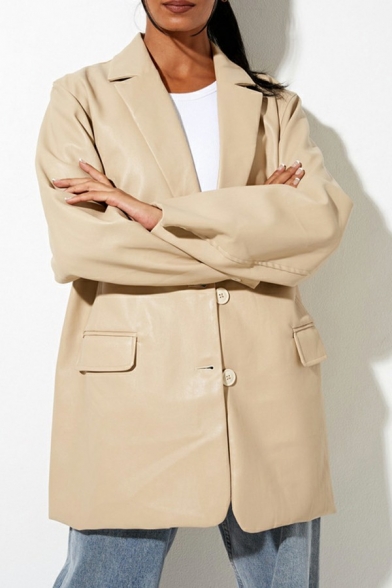 Vogue Women's Leather Jacket Solid Lapel Collar Flap Pocket Button Placket Leather Jacket