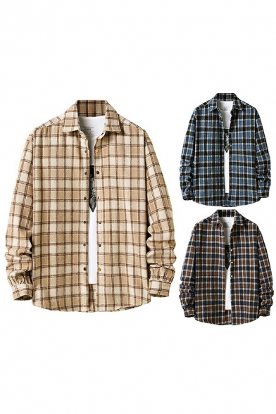 Boy's Stylish Shirt Checked Print Button Fly Spread Collar Long Sleeves Loose Fit Shirt