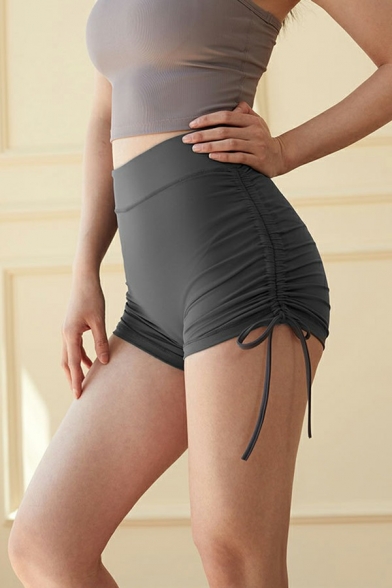 Casual Women's Shorts Solid Ruched Bow Tie Elastic High Waist Workout Shorts