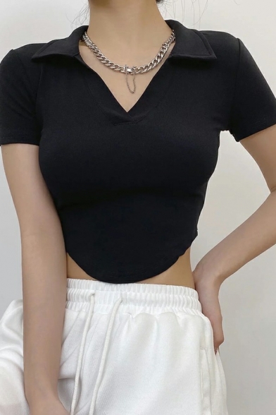 Chic Women's Polo Shirt Plain Asymmetric Hem V Neck Slim Fit Short Sleeve Polo Shirt