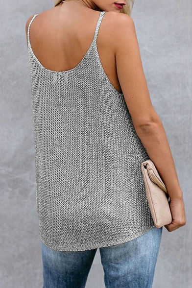 Couture Women Knit Top Solid Color Spaghetti Strap Scoop Neck Regular Fit Top