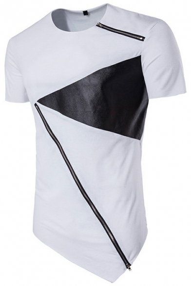 Creative Tee Shirt Contrast Color Short Sleeve Crew Collar Irregular Hem Tee Top for Boys
