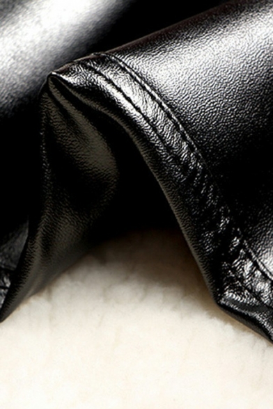 Faddish Women PU Leather Leggings Solid Color Skinny Button Leather Leggings