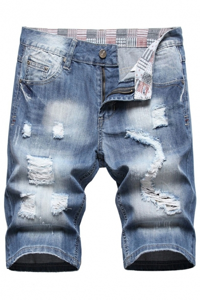 Fancy Shorts Plain Distressed Decoration Mid Rise Zip Placket Denim Shorts for Guys