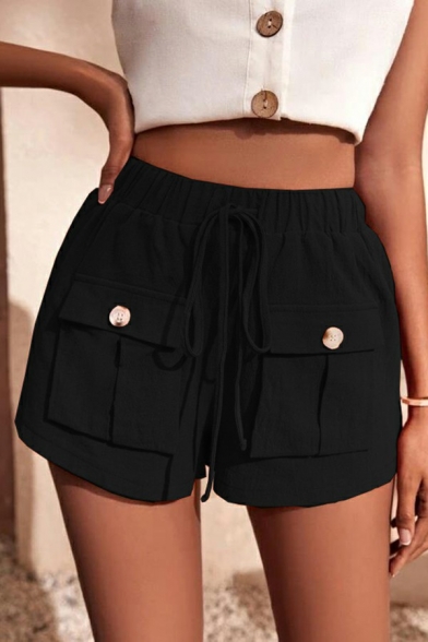 Girlish Women's Shorts Solid Flap Pocket Drawstring Waist High Rise Cargo Shorts