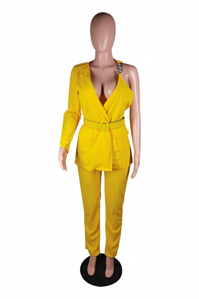 Hot Suit Co-ords Pure Color Notched Lapel Belt Asymmetric Blazer with Pants Set for Girls