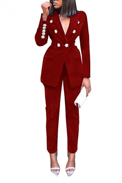 Ladies Basic Suit Co-ords Pure Color Lapel Collar Button-up Blazer with Pants Set