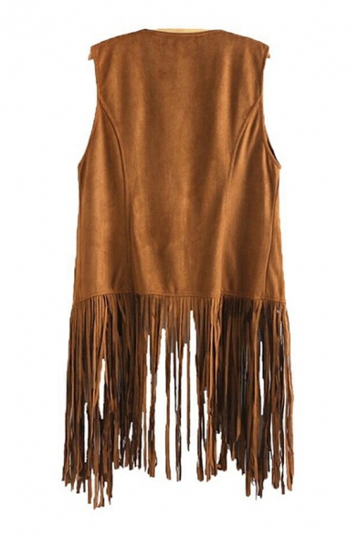 Ladies Creative Vest Whole Colored Open Front Loose Fitted Tassel Vest