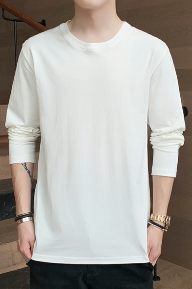 Leisure Men's T-shirt Solid Color Long Sleeve Round Neck Regular Fit Tee Shirt