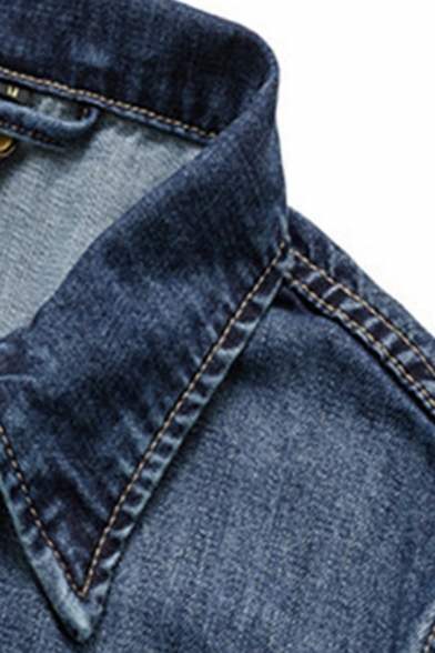 Men Sporty Denim Jacket Solid Color Spread Collar Button down Flap Pocket Denim Jacket