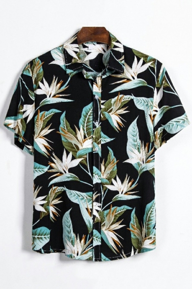Popular Men's Shirt Plant Printed Spread Collar Short Sleeved Regular Button Placket Shirt