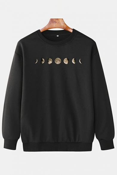 Popular Sweatshirt Moon Print Long Sleeves Crew Neck Relaxed Pullover Sweatshirt for Men