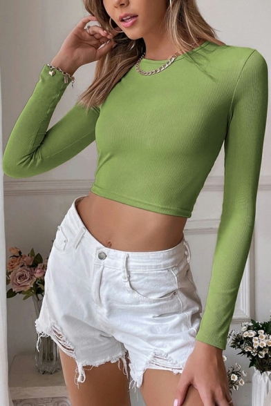 Sexy Ladies Tee Shirt Pure Color Backless Crew Neck Long Sleeve Cropped Tee Top