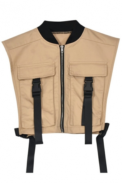 Street Look Girls Vest Plain Crew Neck Flap Pockets Buckle Detail Zip Fly Vest