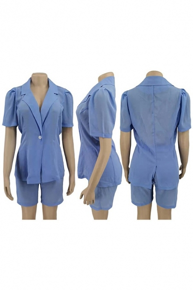 Stylish Women's Suit Co-ords Plain Lapel Collar Short Puff Sleeve Blazer with Short Set