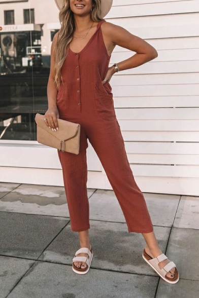 Casual Womens Jumpsuits Solid Strap Sleeveless V Neck Button Down Pocket Jumpsuits