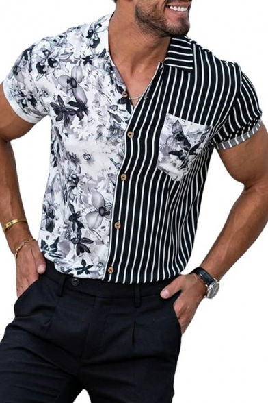 Chic Men Shirt Striped Printed Spread Neck Short Sleeve Contrast Color Button Shirt