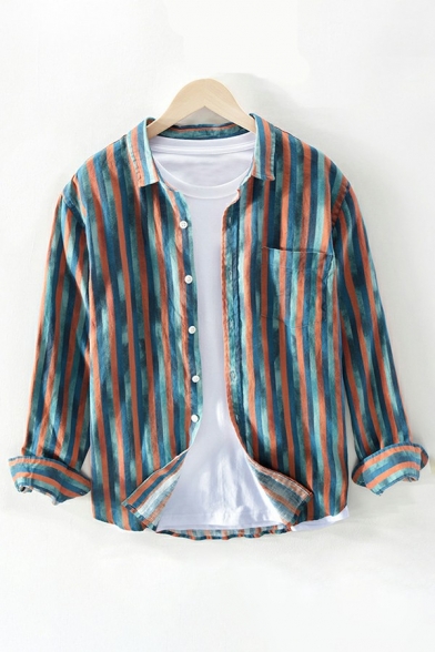 Comfortable Guys Shirt Stripe Pattern Spread Collar Relaxed Long-sleeved Button down Shirt