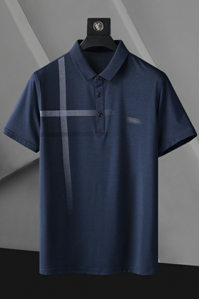 Dashing Polo Shirt Stripe Print Button Detail Point Collar Short Sleeve Polo Shirt for Men