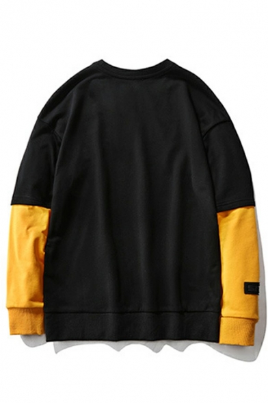 Edgy Guys Sweatshirt Contrast Color Long Sleeve Oversized Round Collar Pullover Sweatshirt