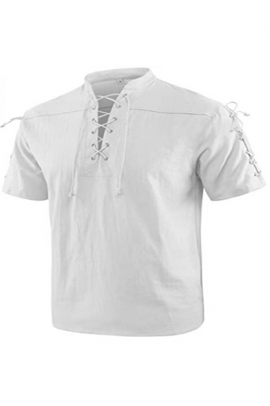 Elegant Shirt Pure Color Half Sleeve Stand Collar Fitted Lacing Shirt for Guys