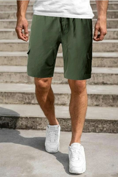 Elegant Shorts Pure Color Drawstring Waist Loose Fit Flap Pocket Mid Rise Shorts for Guys