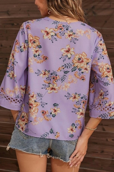 Fancy Womens Tee Shirt Floral Pattern V-Neck Half Sleeve Hollow Out T-Shirt