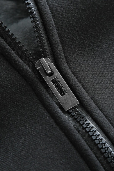 Fashion Hoodie Pocket Long Sleeves Solid Zip Placket Regular Inner Fleece Hoodie for Guys