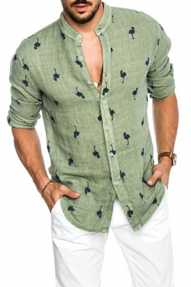 Freestyle Guy's Shirt Flamingo Pattern Round Collar Short Sleeves Button Placket Shirt