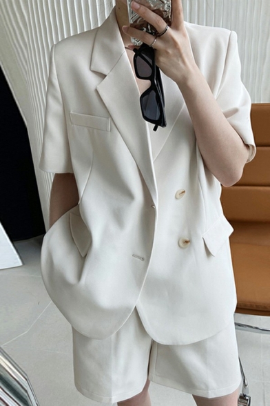 Girls Casual Suit Set Whole Colored Notched Lapel Short Sleeves Blazer with Shorts Co-ords