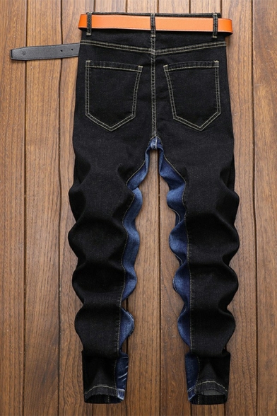Men Chic Jeans Color Block Zip Fly Pocket Detailed Straight Mid Rise Denim Pants