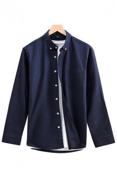 Popular Button Shirt Solid Point Collar Long Sleeve Relaxed Shirt for Guys