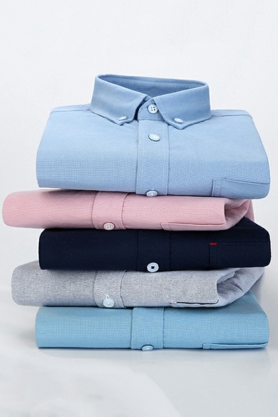 Popular Button Shirt Solid Point Collar Long Sleeve Relaxed Shirt for Guys