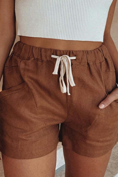 Popular Women Shorts Solid Color High Rise Pocket Detail Drawstring Waist Shorts
