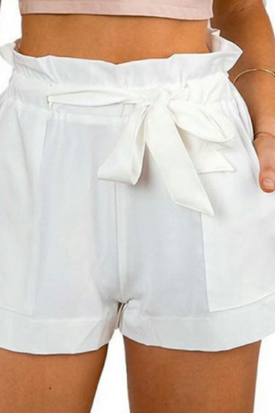 Popular Women Shorts Solid Color Pockets Mid Rise Drawstring Elastic Waist Shorts