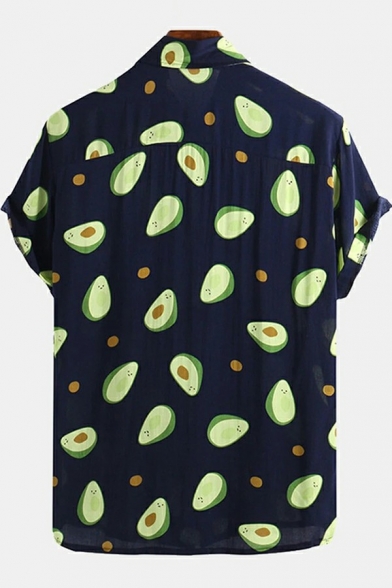 Simple Men Shirt Fruit Print Button down Short-sleeved Spread Collar Fitted Shirt