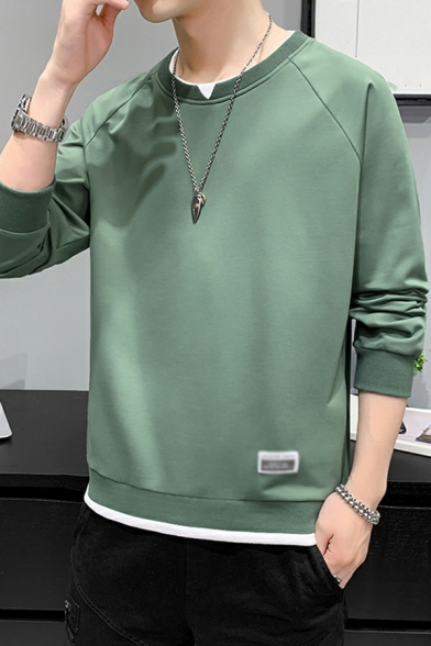 Simple Sweatshirt Solid Fake Two Pieces Long Sleeves Crew Neck Fitted Sweatshirt for Men